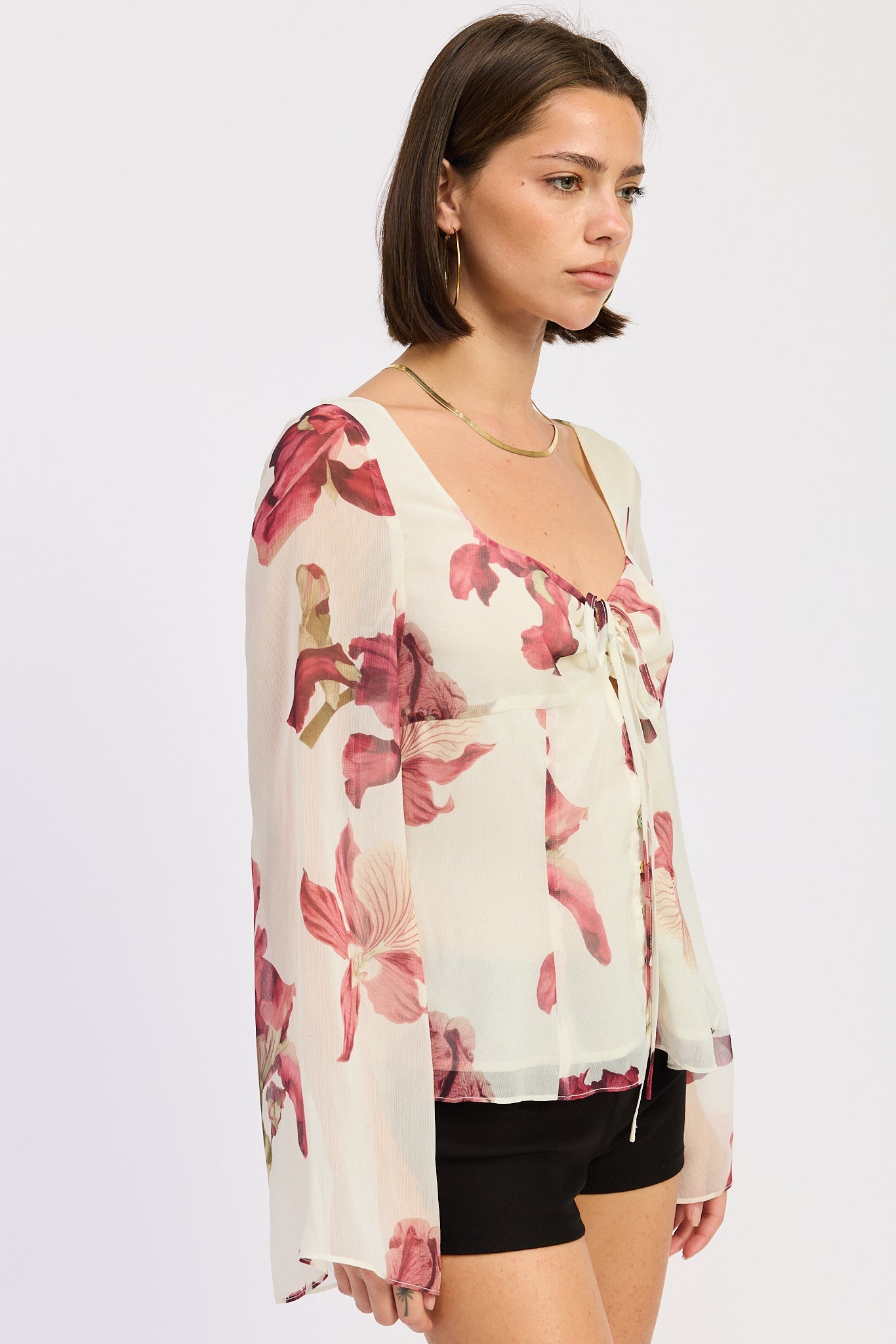 ivory sheer floral tie front blouse 3/4 view