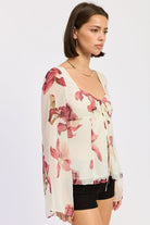 ivory sheer floral tie front blouse 3/4 view