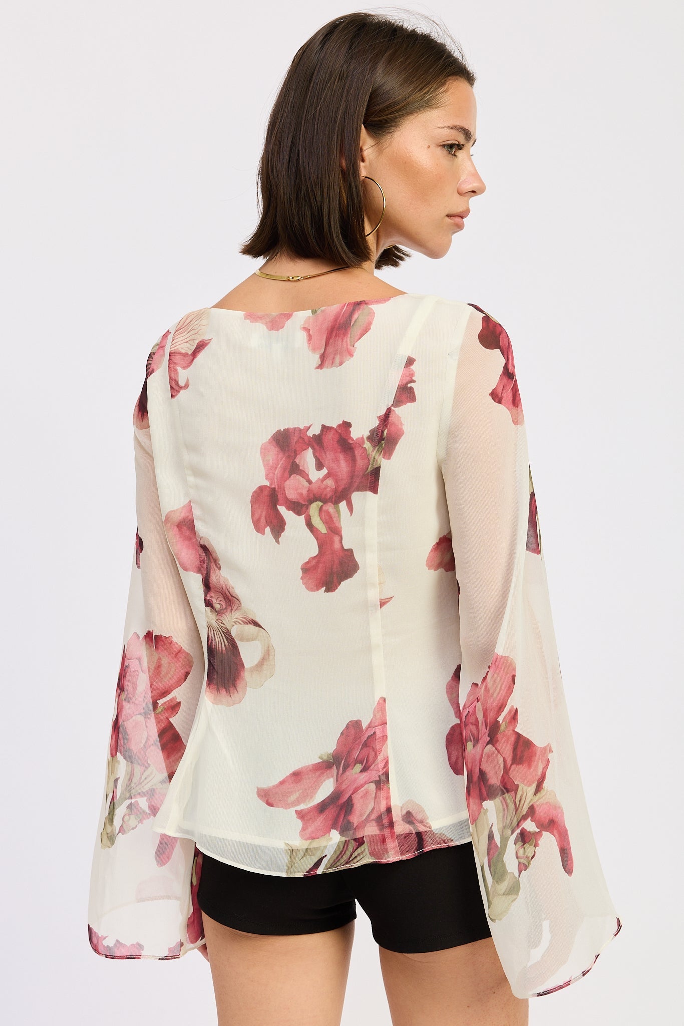 ivory sheer floral tie front blouse back view