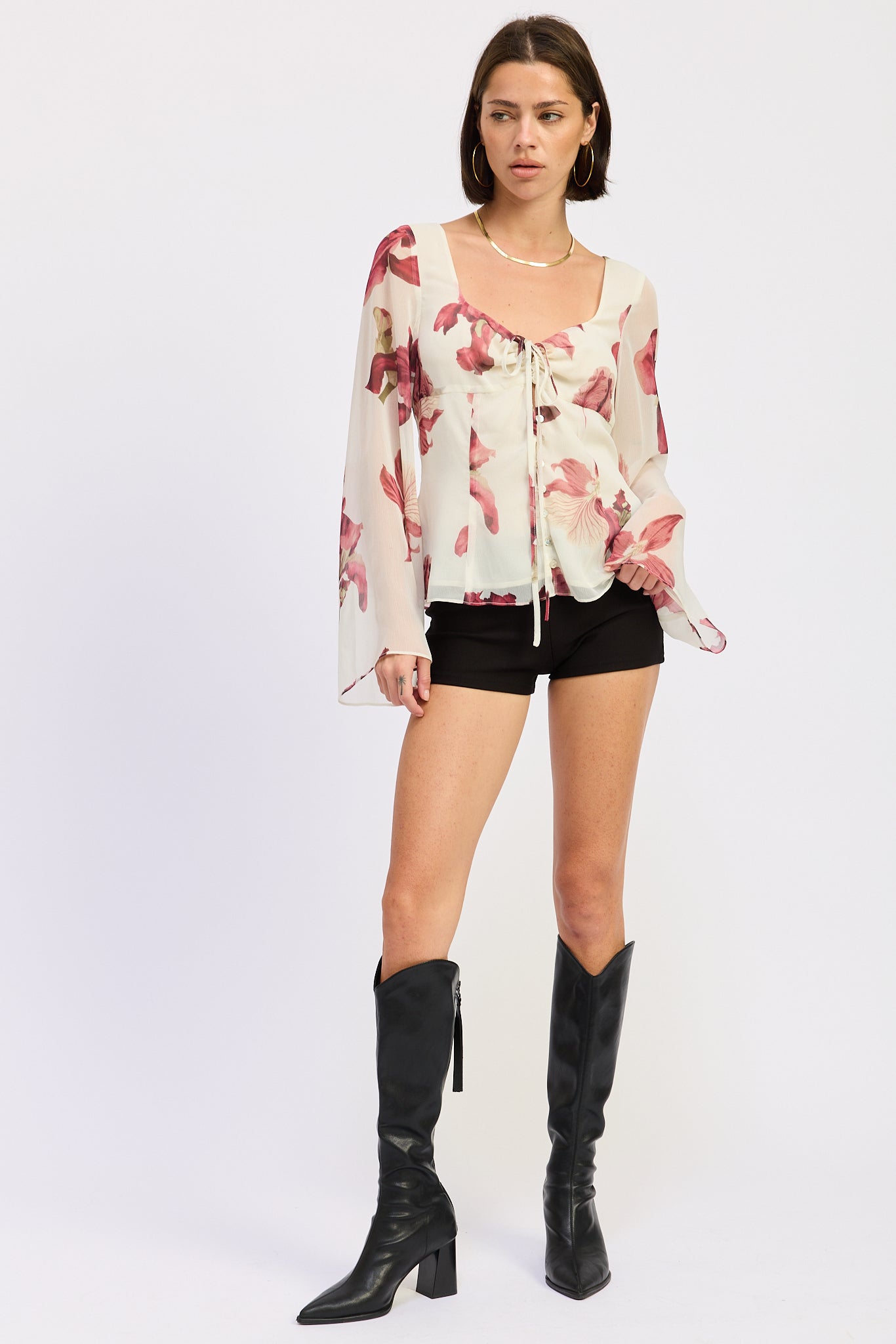 ivory sheer floral tie front blouse front view