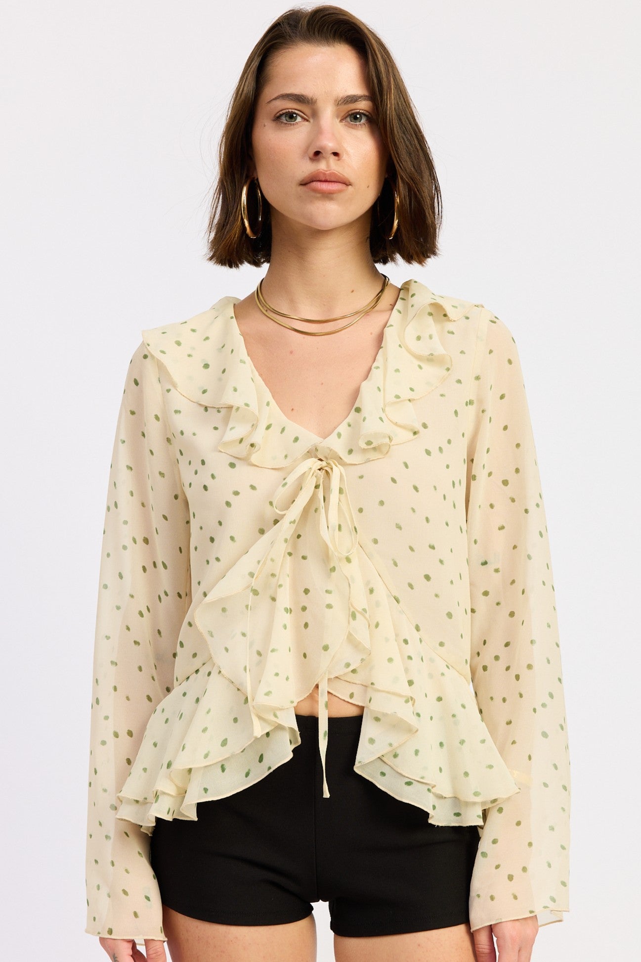 ivory green ruffle tie front blouse long sleeve sheer top women 