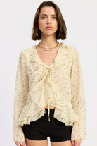 ivory green ruffle tie front blouse long sleeve sheer top women 