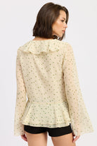 ivory green ruffle tie front blouse long sleeve sheer top women back view
