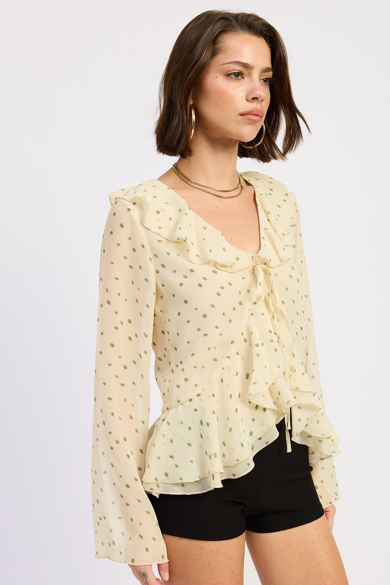 ivory green ruffle tie front blouse long sleeve sheer top women