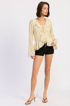 ivory green ruffle tie front blouse long sleeve sheer top women