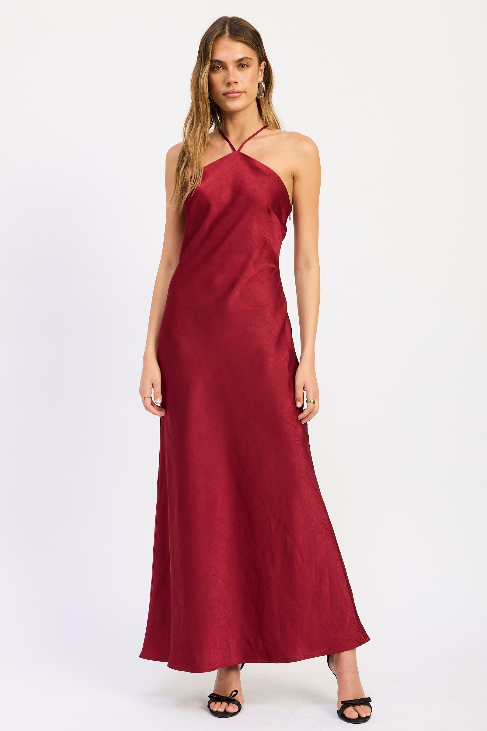 Seraphina Satin Halter Maxi Dress in ruby red with sleek halter neckline and flowing maxi silhouette, front view