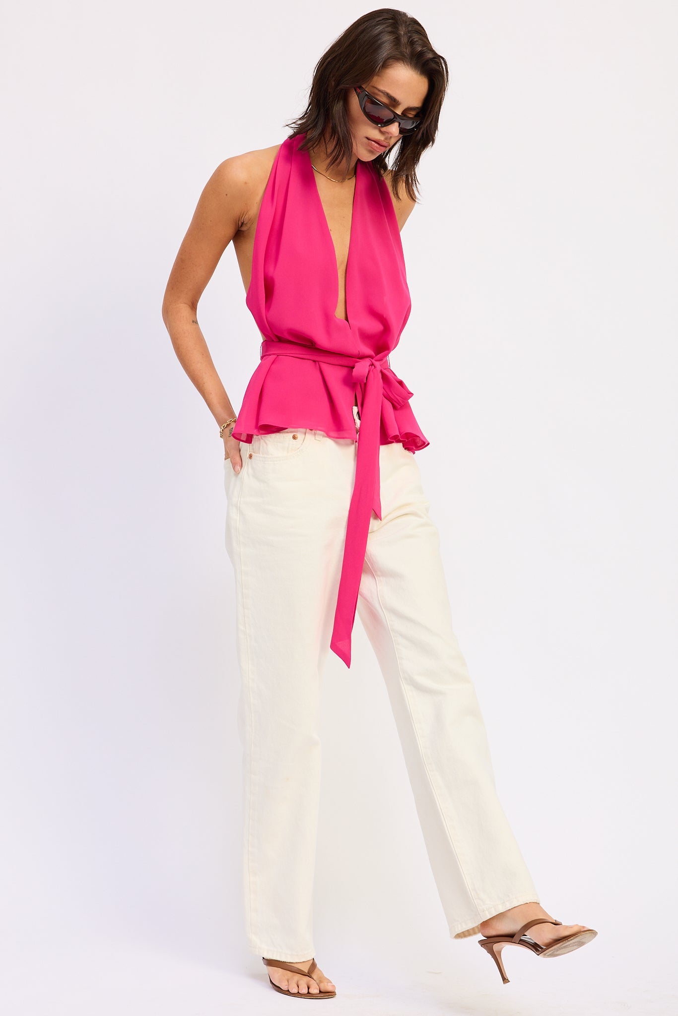 magenta bright pink halter top with deep V neckline and tie waist front view