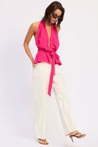 magenta bright pink halter top with deep V neckline and tie waist front view