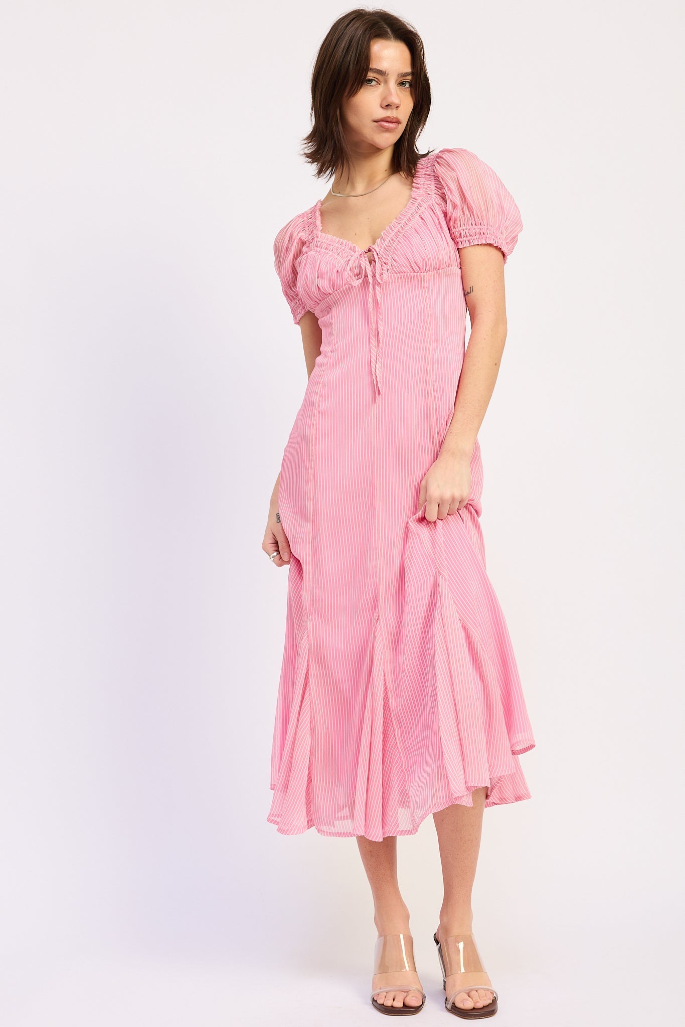 Pink Pinstripe Puff Sleeve Midi Dress