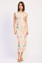 Woman wearing an ivory floral mesh midi dress front view on a white background