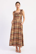 Autumn in Plaid Ruffle Midi Dress in almond, rust, olive and brown with ruffled square neckline, front view.