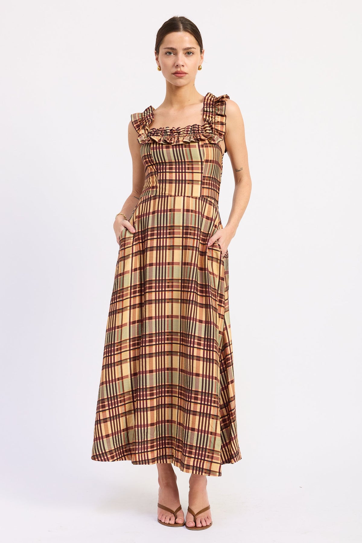 Autumn in Plaid Ruffle Midi Dress in almond, rust, olive and brown with ruffled square neckline, front view.