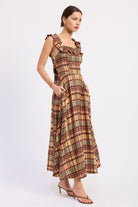 Side view of Autumn in Plaid Midi Dress showing fitted bodice, side pockets and full A-line skirt.