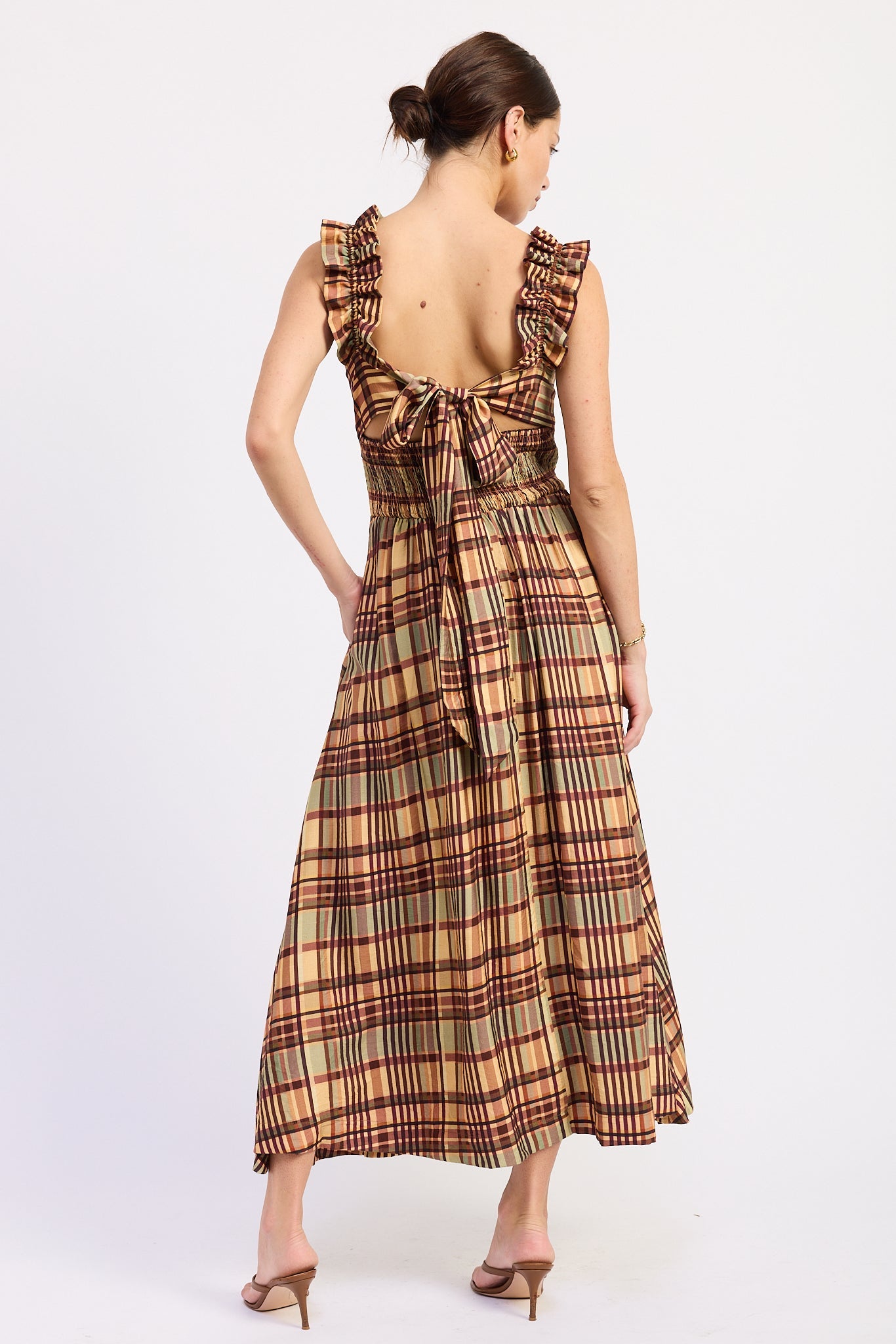 Back view of Autumn in Plaid Ruffle Midi Dress featuring open tie back, smocked waistband and ruffled straps.
