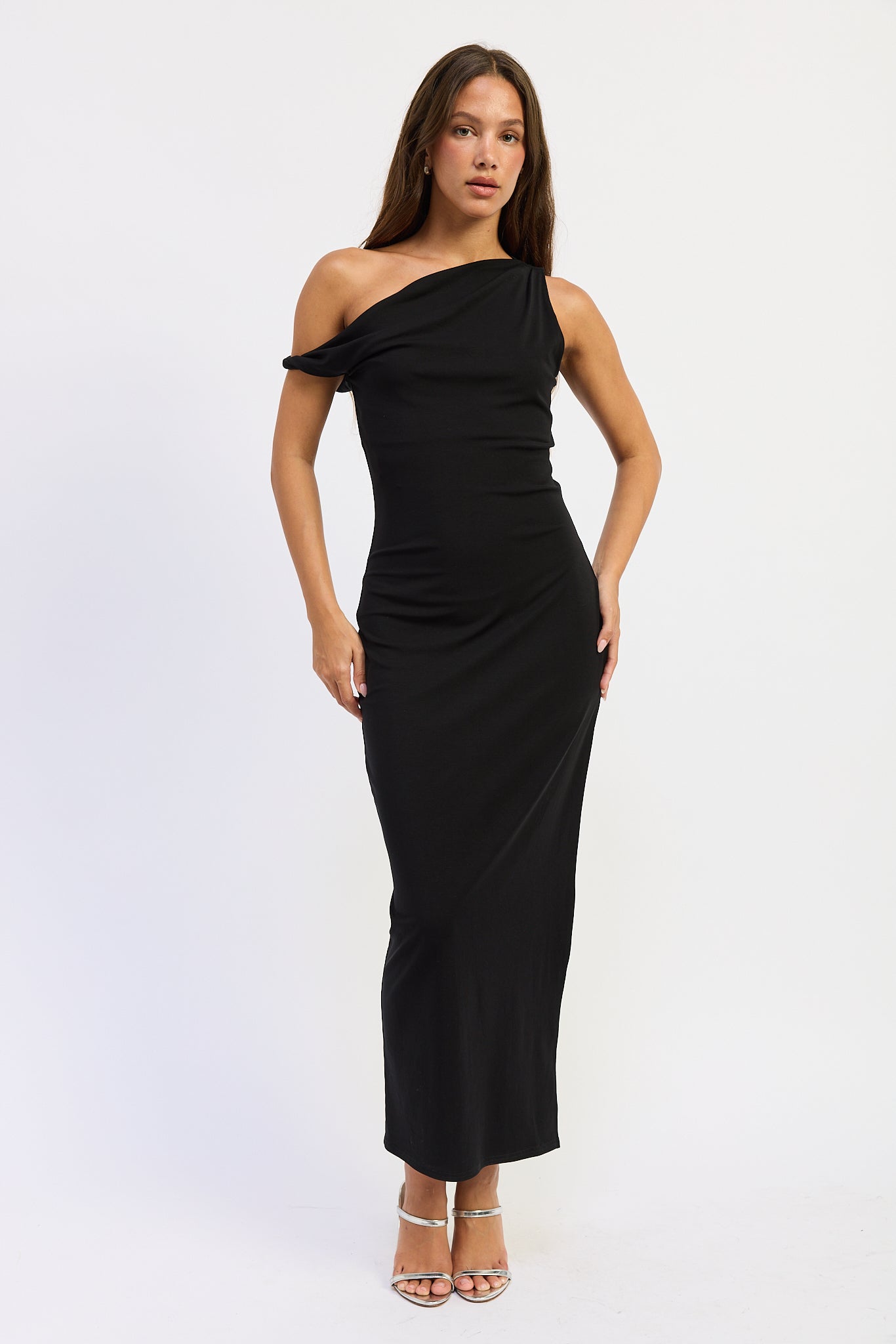 Black one shoulder maxi dress with draped neckline and fitted silhouette, front view.