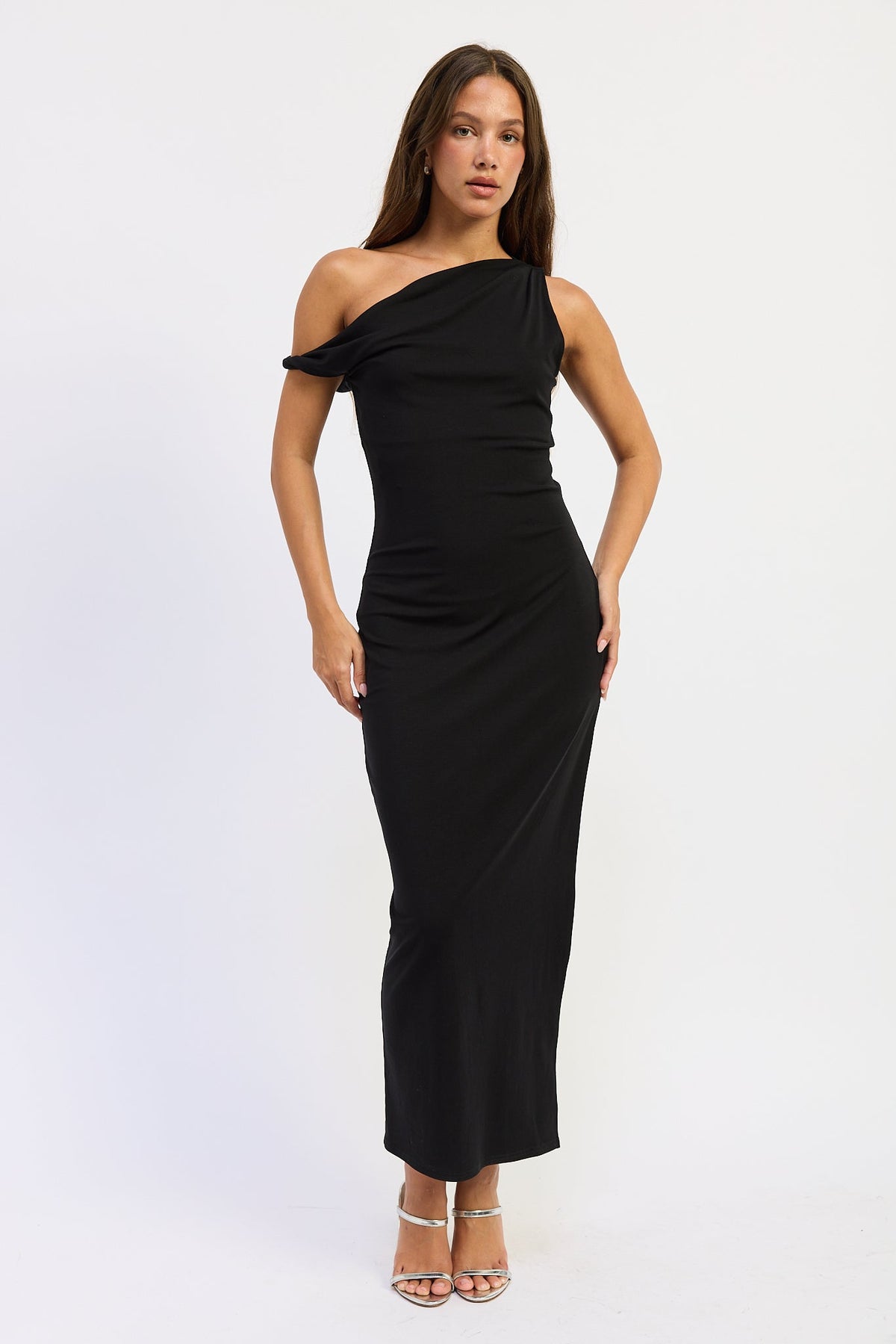 Black one shoulder maxi dress with draped neckline and fitted silhouette, front view.