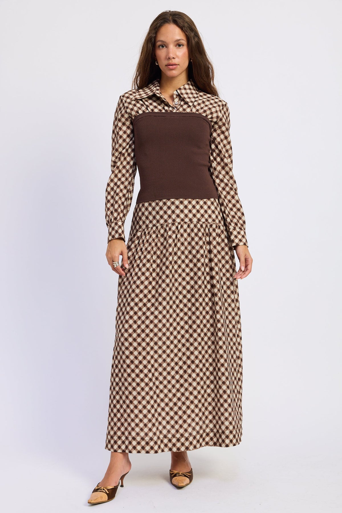 Thea espresso and ivory layered plaid collared top with fitted brown contrast knit body, styled with the matching skirt. 