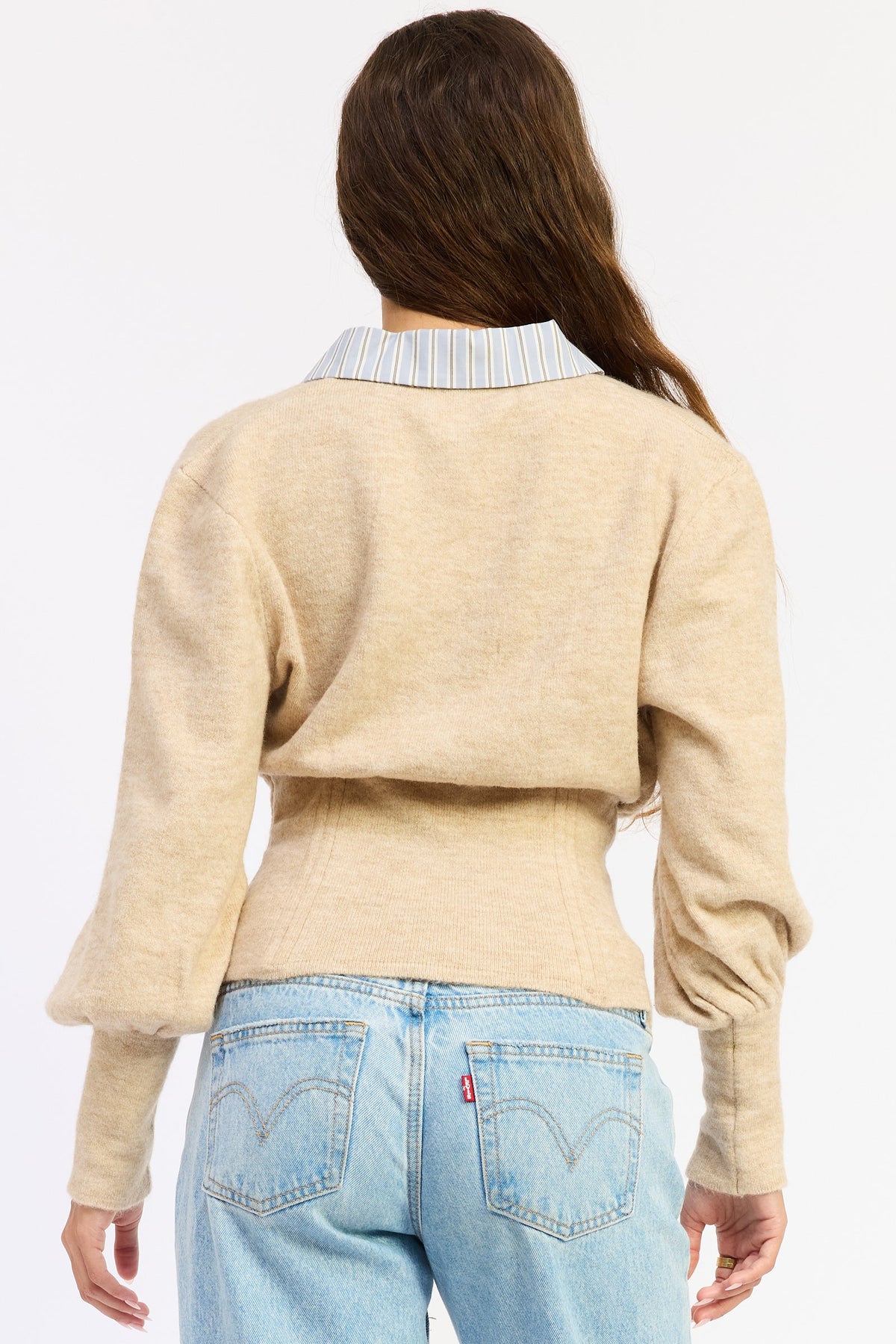 Back view of oatmeal Cambridge Contrast Collar Sweater showing striped cotton collar, shaped waist and balloon sleeves.