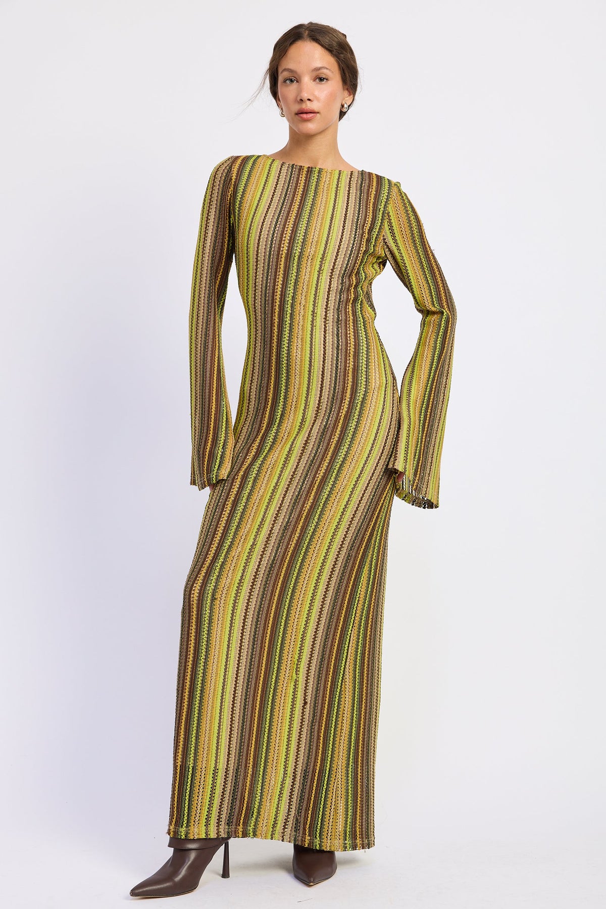 Full length front view of Solstice Stripe Long Sleeve Maxi Dress with retro inspired vertical stripes, fitted silhouette, and long bell sleeves.