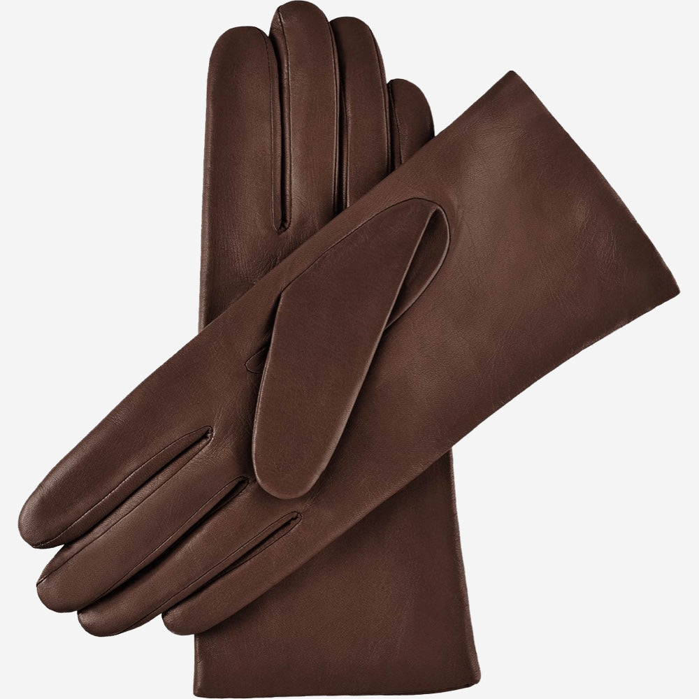 Pair of brown leather gloves on a white background