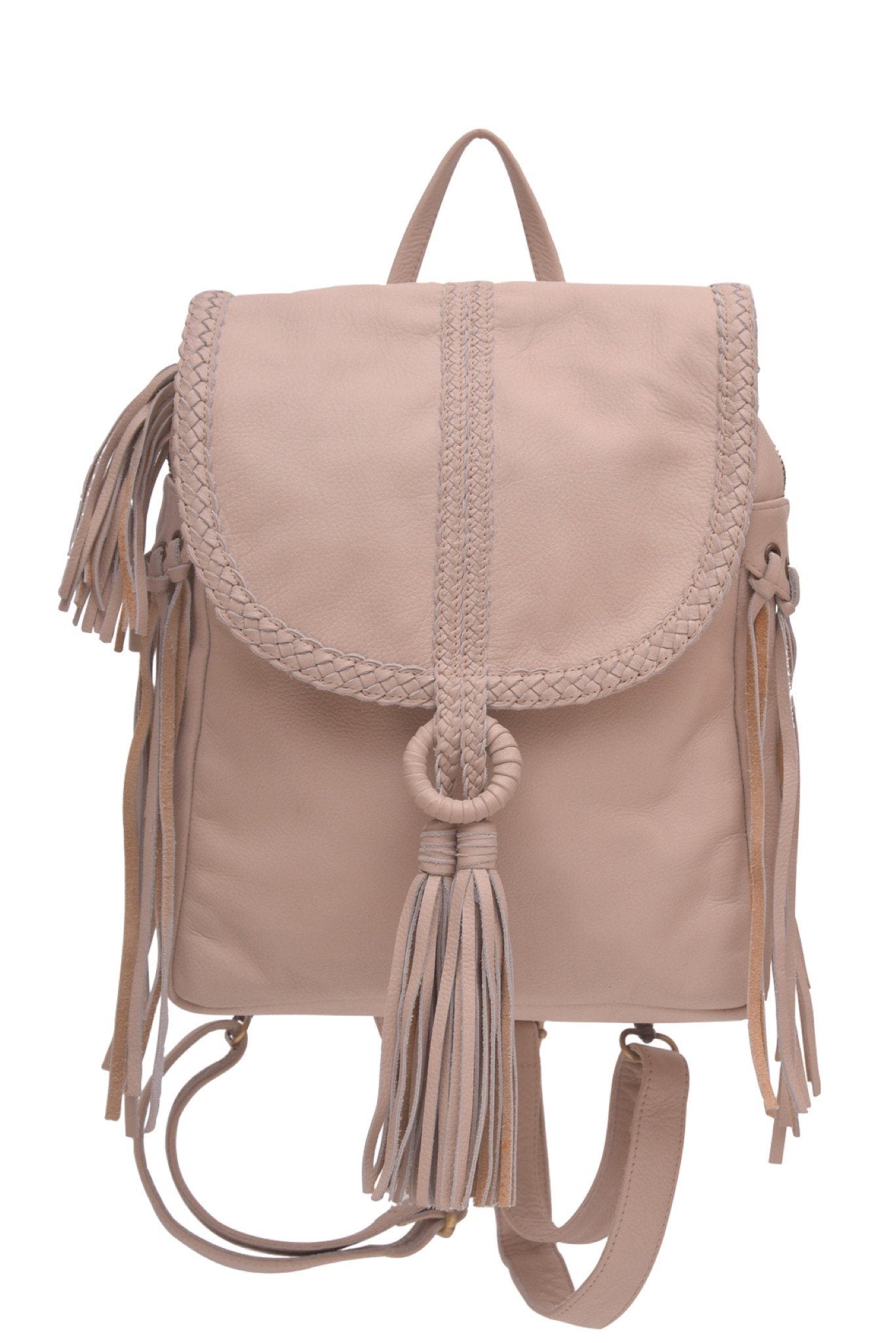 Beige backpack with braided design and tassels on a white background