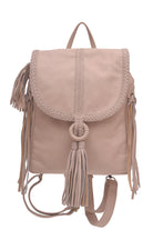 Beige backpack with braided design and tassels on a white background