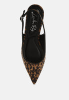 Leopard Slingback featuring a sleek microfiber finish closed pointed toe kitten heel top view