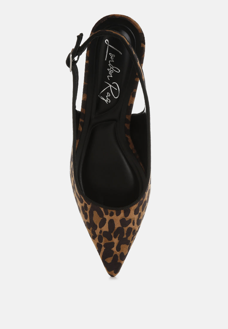 Leopard Slingback featuring a sleek microfiber finish closed pointed toe kitten heel top view