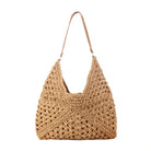 Woven straw shoulder bag with Vegan leather fixed strap and magnetic clasp closure in khaki