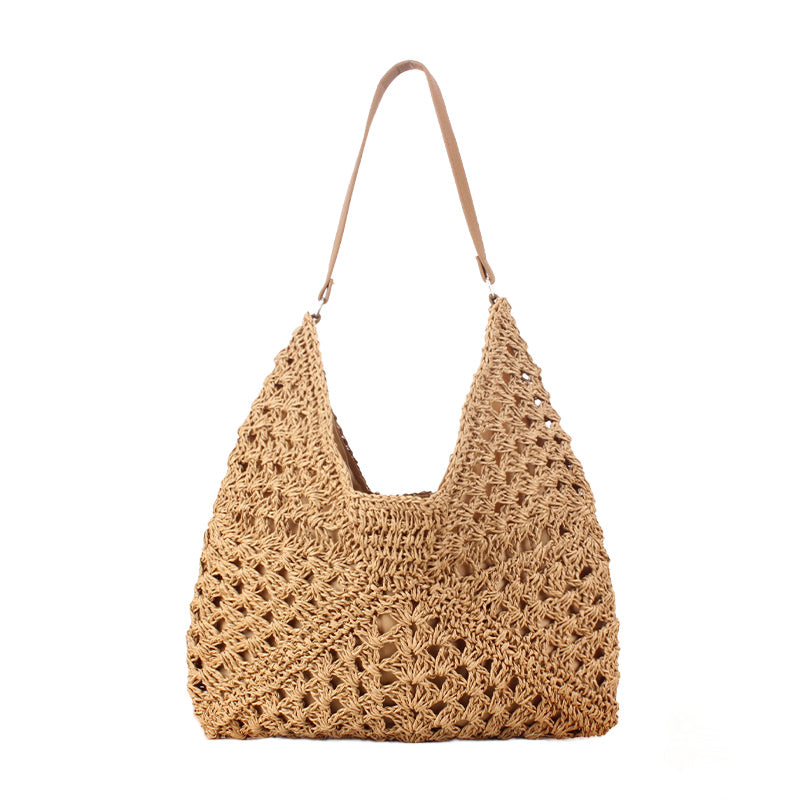 Woven straw shoulder bag with Vegan leather fixed strap and magnetic clasp closure in khaki
