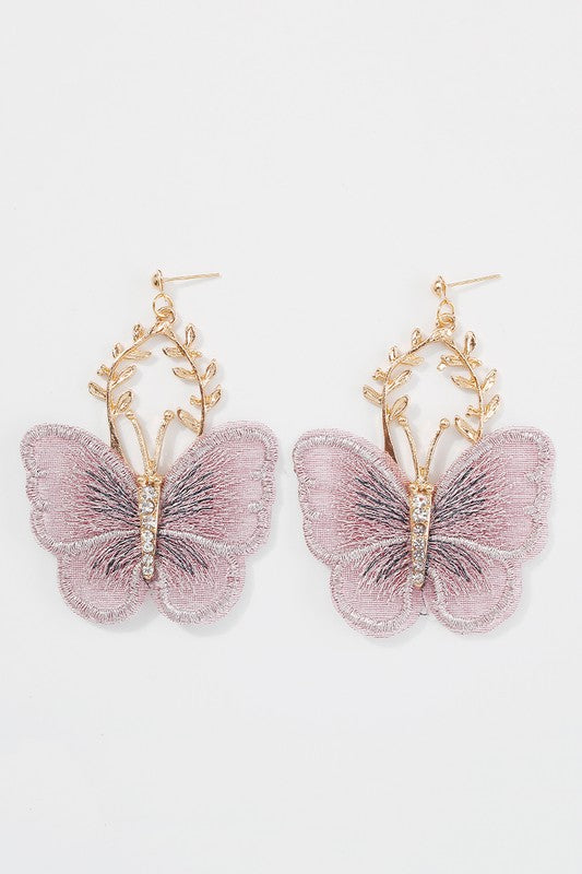 Lace Embroidery Butterfly Rhinestone Earrings - Purple-AVAH