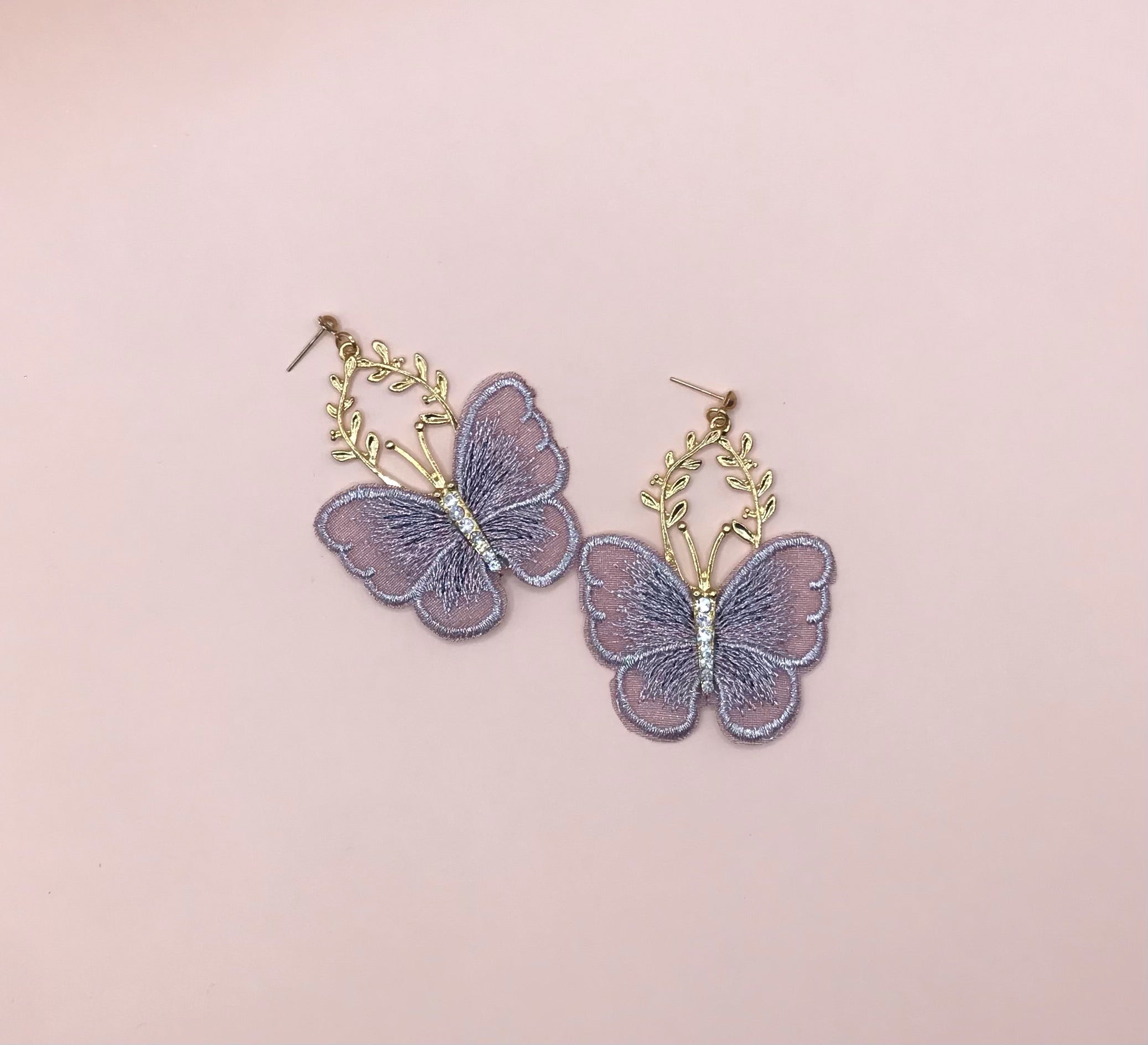 Lace Embroidery Butterfly Rhinestone Earrings - Purple