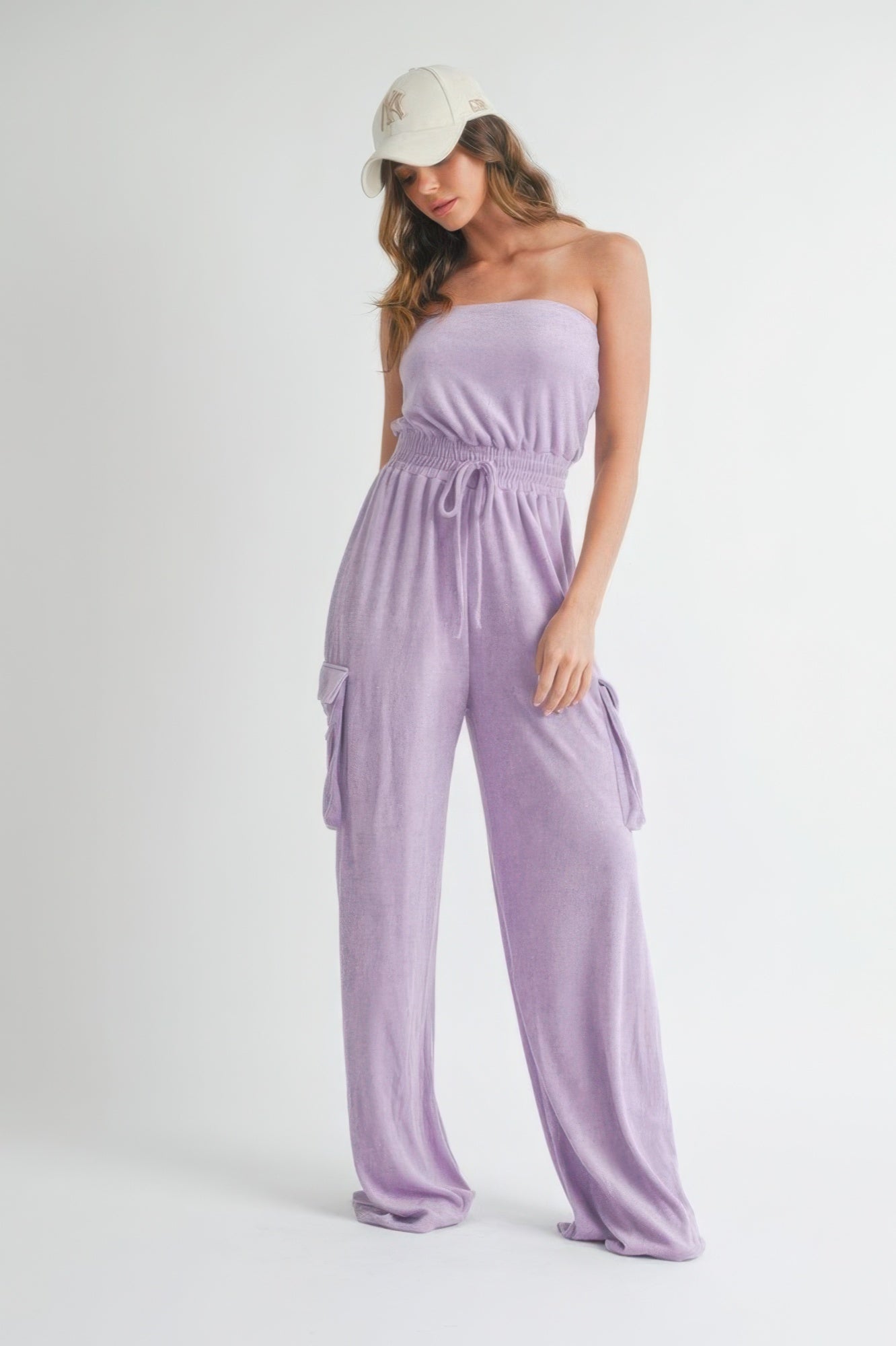 Front view of lavender strapless cargo jumpsuit with smocked waist and wide legs-AVAH
