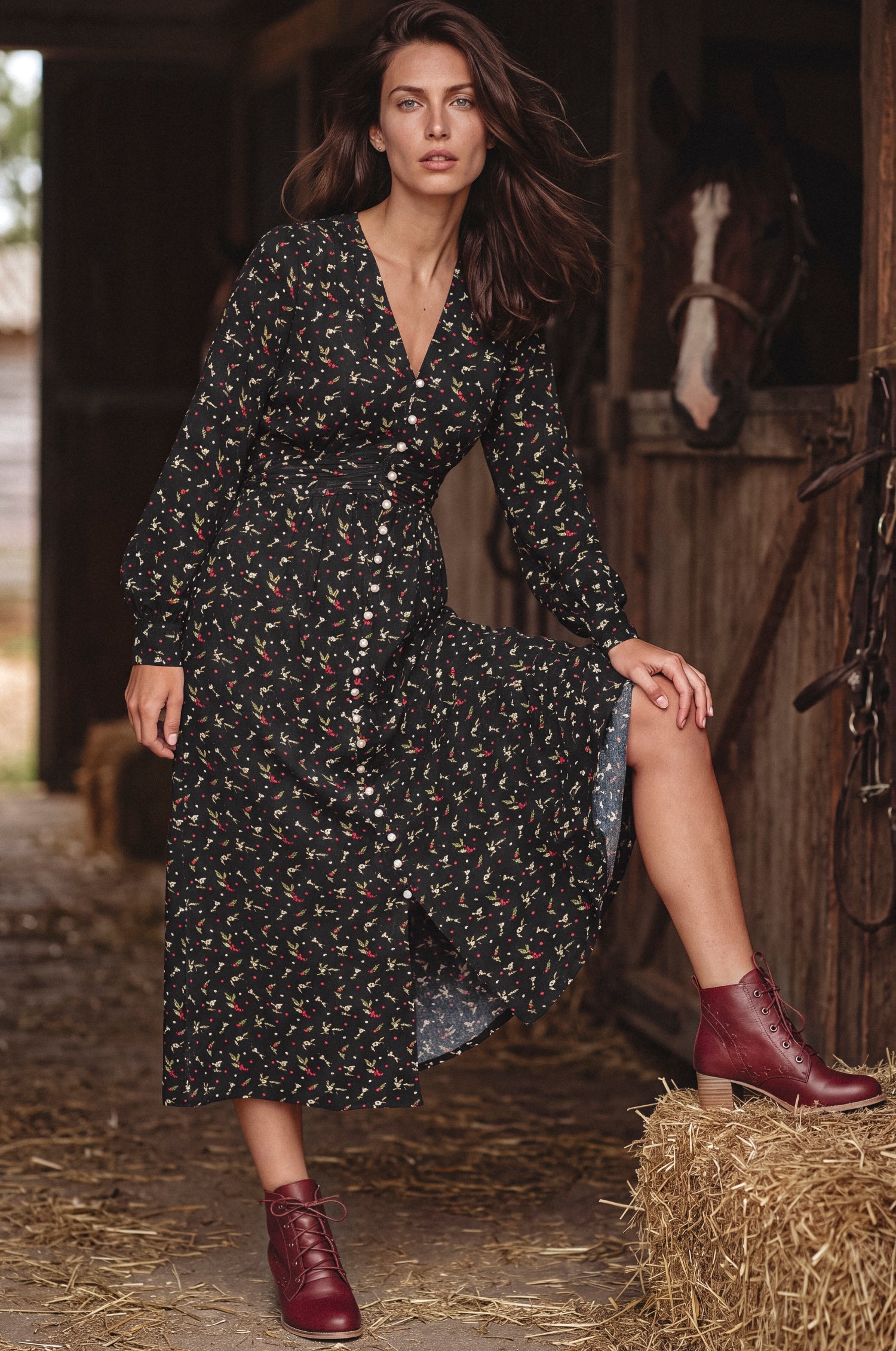 Lila Grace Long Sleeve Pearl Button Midi Dress