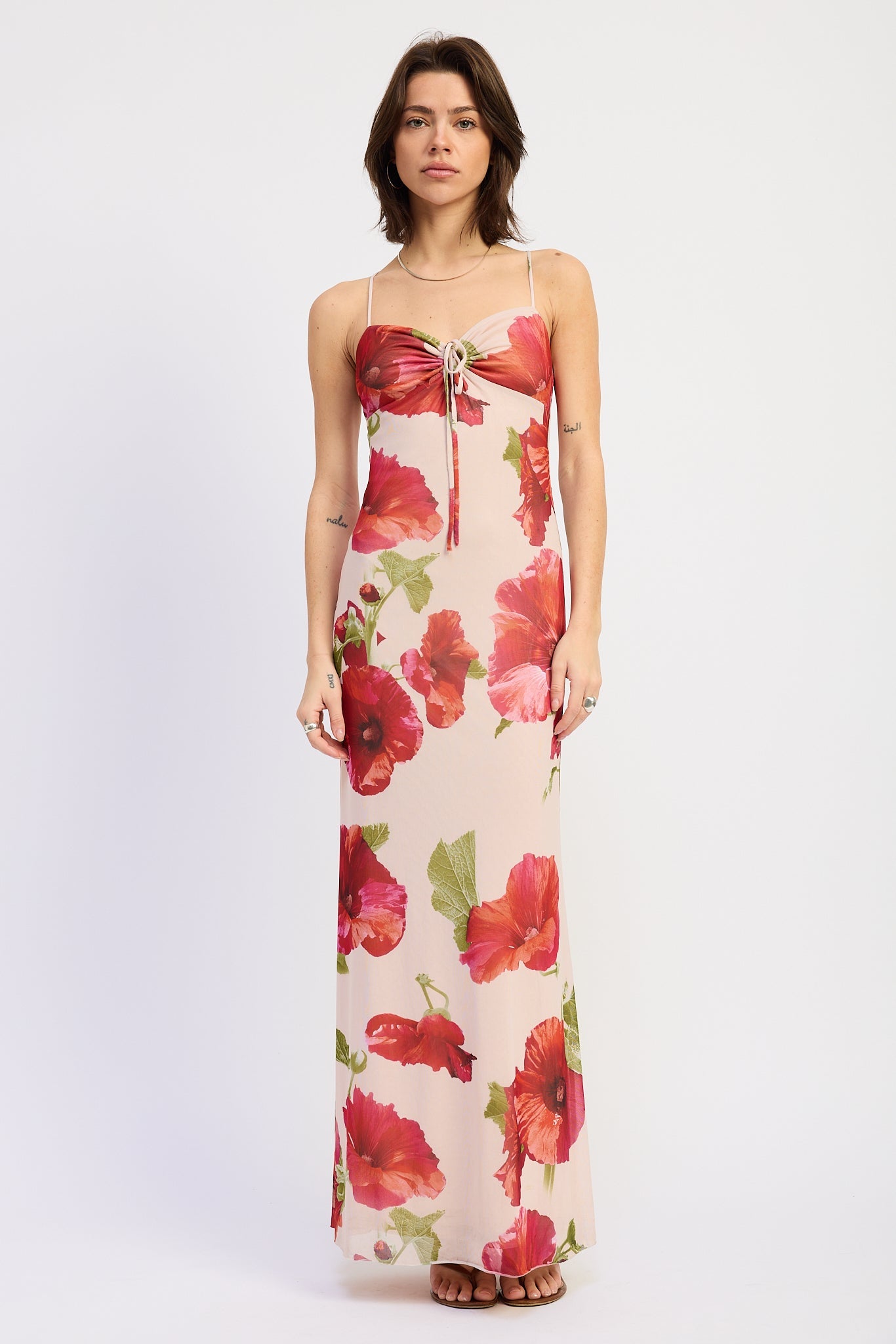 Wild Bloom Ruched Tie Front Maxi Dress with sweetheart bodice and spaghetti straps front view, AVAH