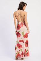 Back view of floral maxi dress showing open cross back and thin spaghetti straps, AVAH