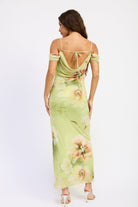 Back view of soft green floral off shoulder maxi dress with ruched sleeves and fitted silhouette
