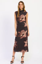 Floral Ruched Midi Dress in chocolate brown with oversized blush flowers, sleeveless neckline and fitted silhouette, front view.