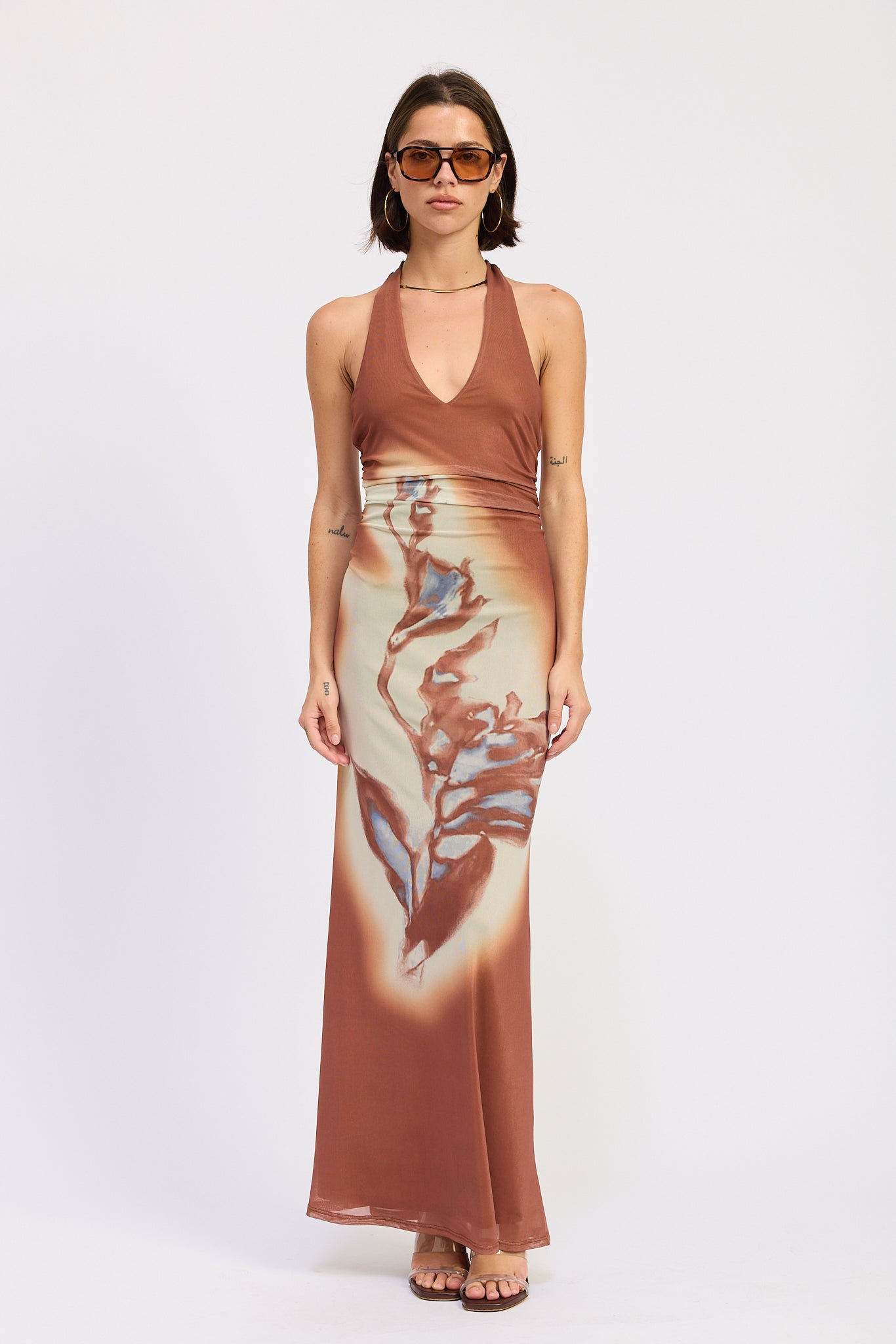 terracotta halter floral maxi dress front view