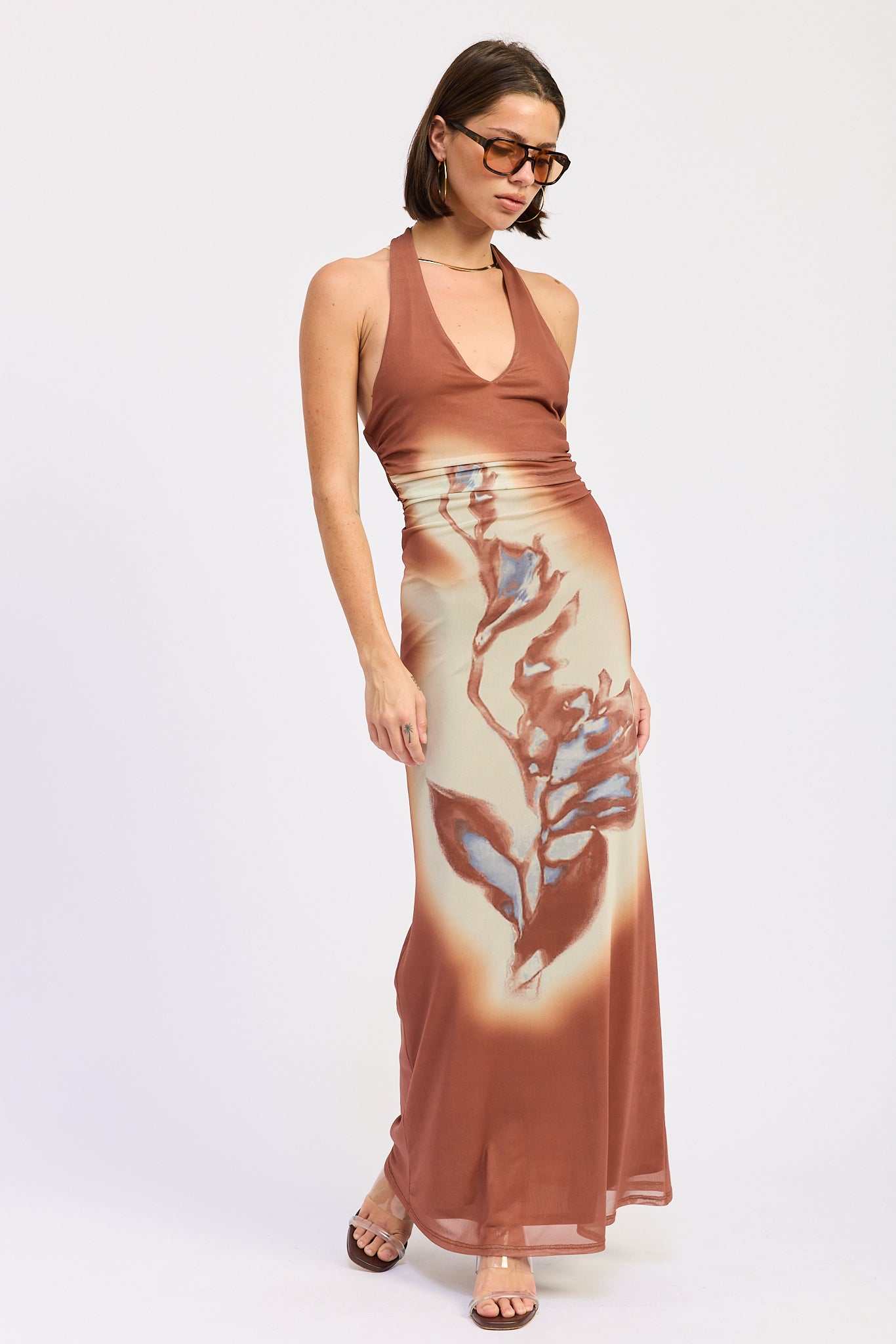 terracotta halter floral maxi dress front view