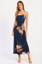 Midnight Bloom Floral Mesh Maxi Dress in deep navy with oversized taupe flowers and blue leaves, front view.

