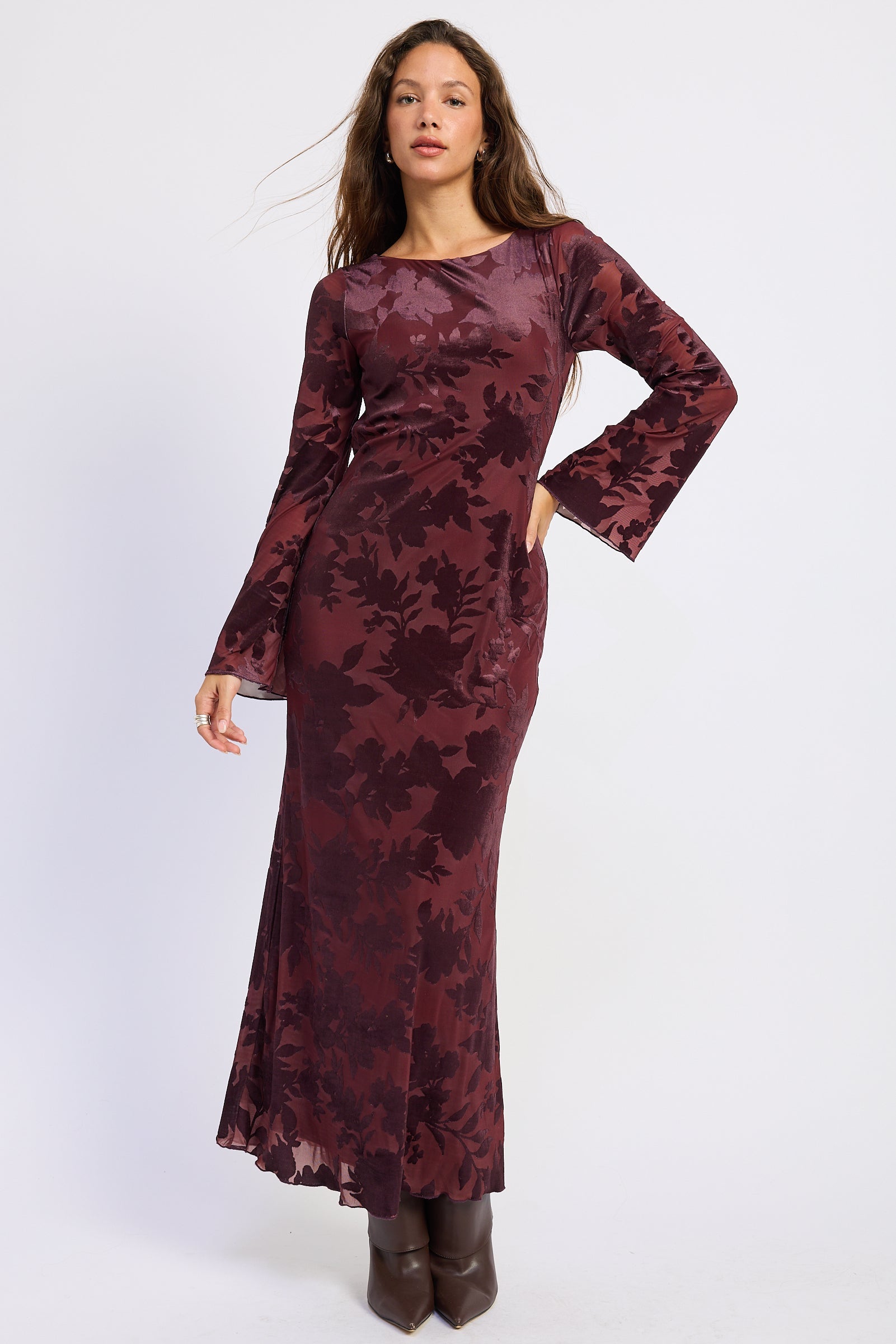 Wine & Roses Floral Long Sleeve Maxi Dress