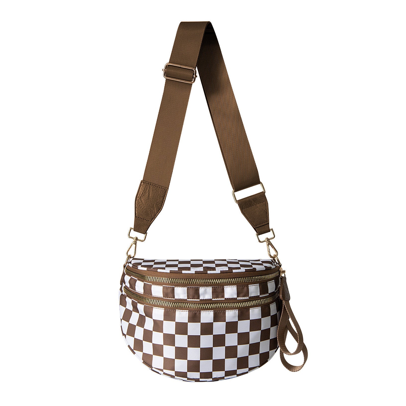 AVAH-a mocha and white checkered chic oversized sling bag with double zips and multiple pockets on a white background
