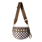 AVAH-a mocha and white checkered chic oversized sling bag with double zips and multiple pockets on a white background