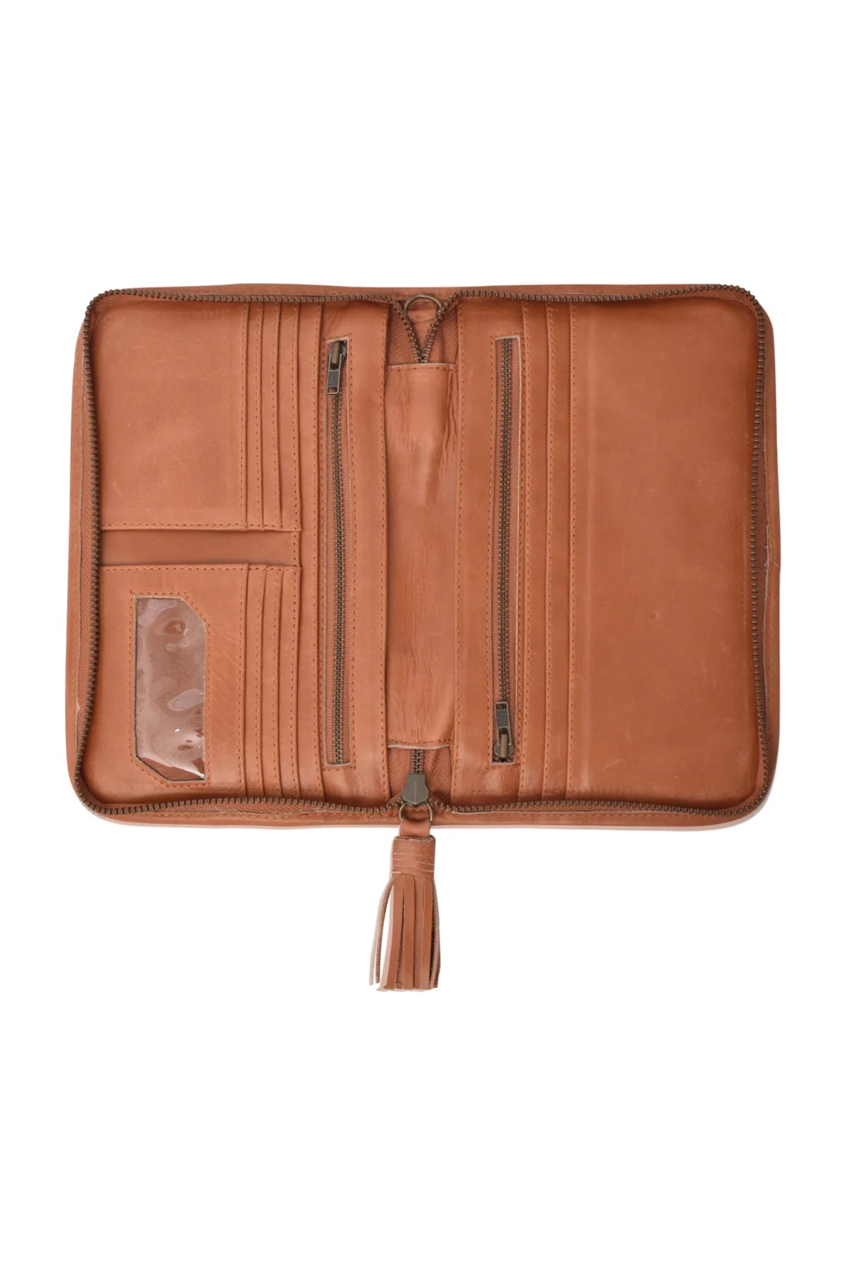 A tan leather zip-around wallet organizer with multiple interior card slots, zipper compartments, a clear ID window, and a tassel pull, shown open on a white background.