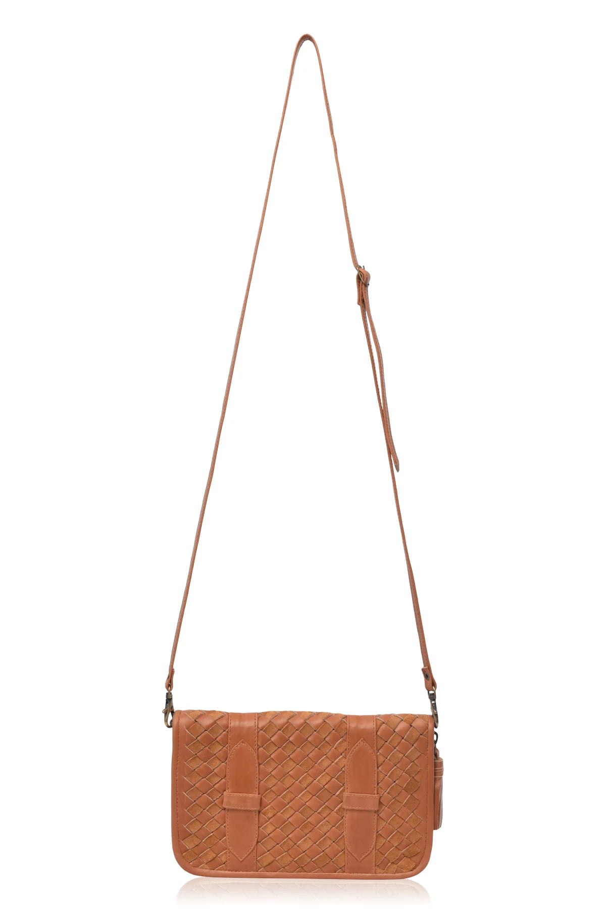 A tan woven leather crossbody bag with a long adjustable strap, displayed against a solid white background.