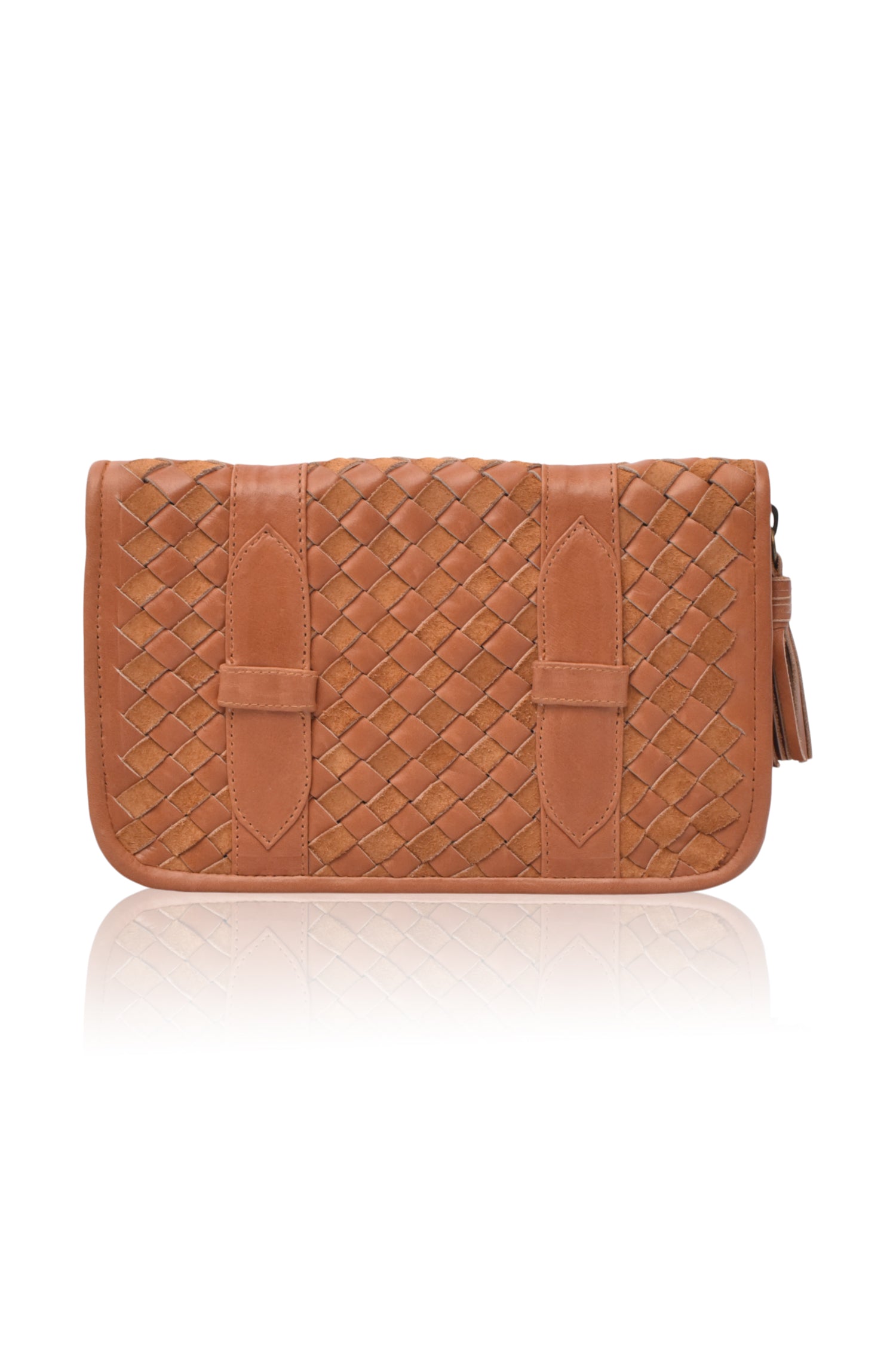 Brown leather woven handbag on a white background