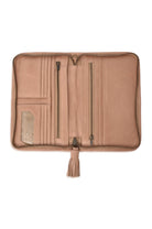 A beige zip-around wallet organizer with multiple interior card slots, zipper compartments, a clear ID window, and a tassel pull, shown open on a white background.
