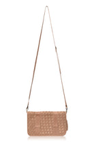 A woven leather shoulder bag in a light tan or beige color, featuring a long thin strap and a rectangular body, shown against a plain white background.