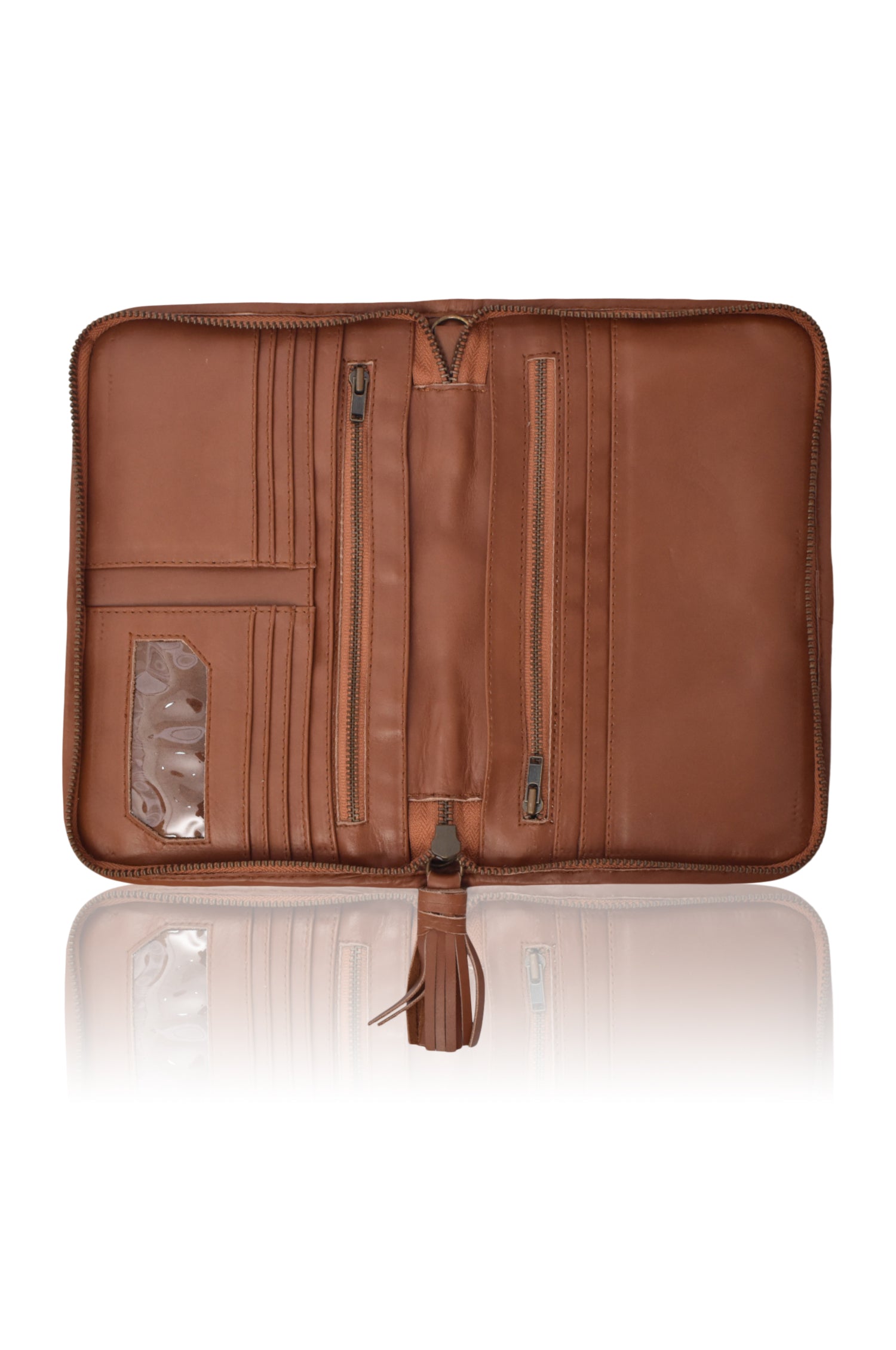 A brown leather zip-around wallet organizer with multiple interior card slots, zipper compartments, a clear ID window, and a tassel pull, shown open on a white background.
